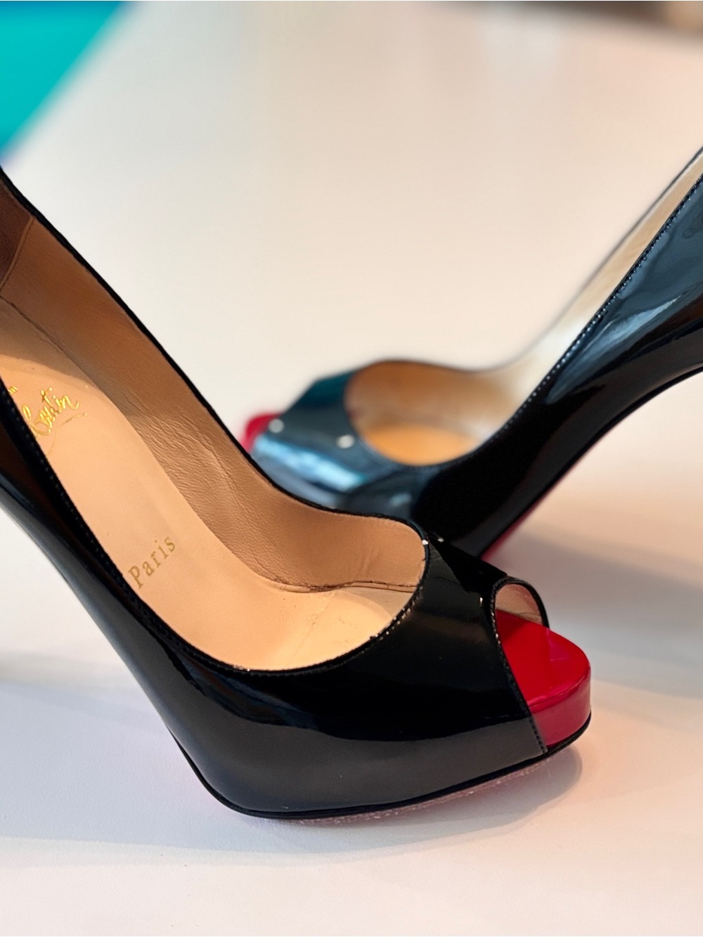 Christian Louboutin Black Patent Peep-Toe Pumps with Red Toe